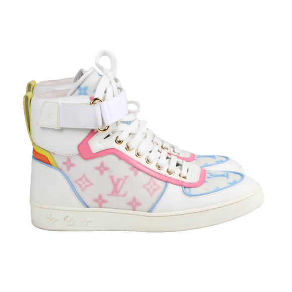 Louis Vuitton Lace Up Boombox High Top Sneakers Blue Pink White Leather LV Sz 37 - Picture 4 of 15